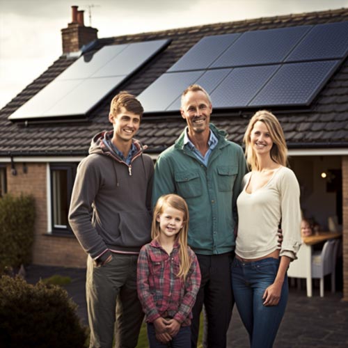 Family in front of home with solar panels on roof